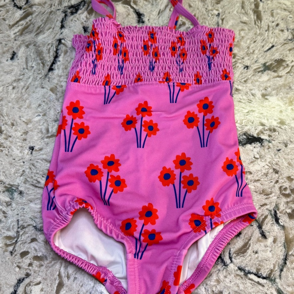 Hanna Andersson Pink Floral Kids Swim One Piece Smocked